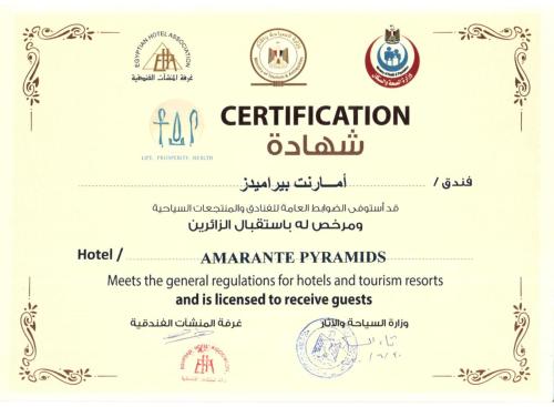 Vottorð, verðlaun, skilti eða annað skjal til sýnis á Amarante Pyramids Hotel