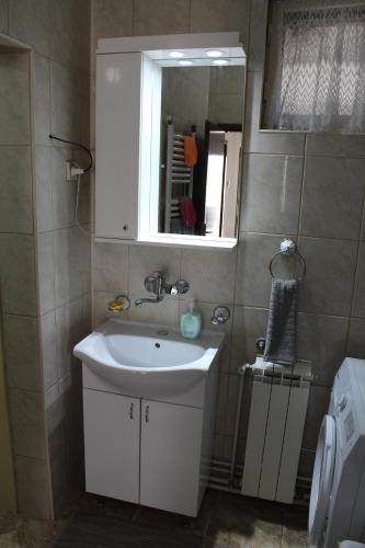 a bathroom with a white sink and a mirror at M apartment in Vršac