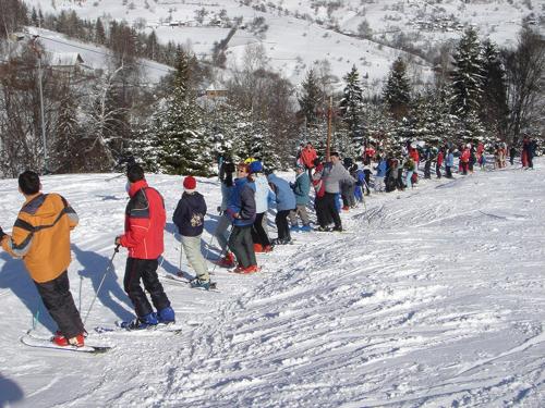 a large group of people standing in the snow at Guest House Golijski Dar in Dajići