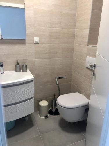 a bathroom with a toilet and a sink at SMARAGD on the beach in Povljana