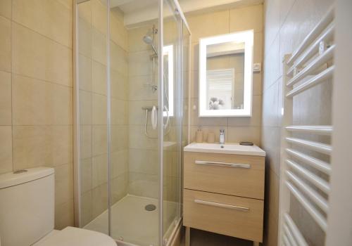 a bathroom with a shower and a toilet and a sink at le petit France by sleepinfontainebleau in Fontainebleau