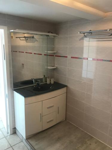 une salle de bain avec un lavabo et un miroir dans l'établissement La perle rare, au Grau-dʼAgde