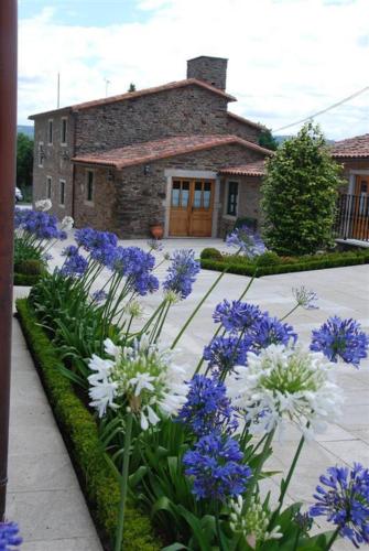 a garden with purple and white flowers in front of a building at Pazo Santa María in Arzúa