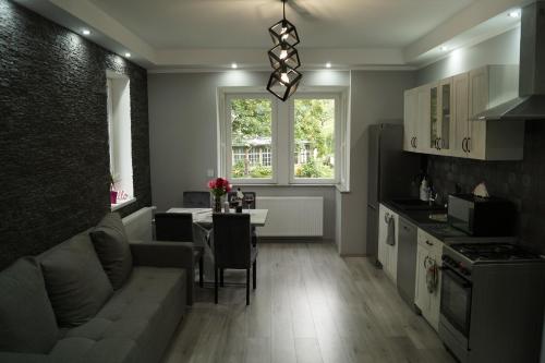 a kitchen and living room with a couch and a table at Apartament Górski Raj in Świeradów-Zdrój