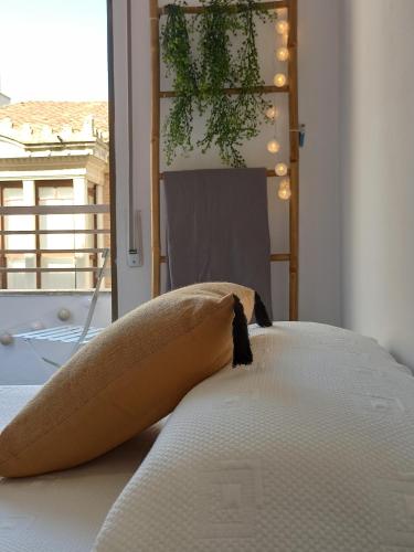 a bed with a pillow sitting on top of it at Hostal Sol in Zamora