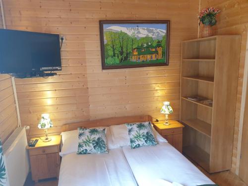 1 dormitorio pequeño con 1 cama y TV en Sobieszów APARTAMENT BASIA Zielone Wzgórze -Willa Tosia, en Sobieszów