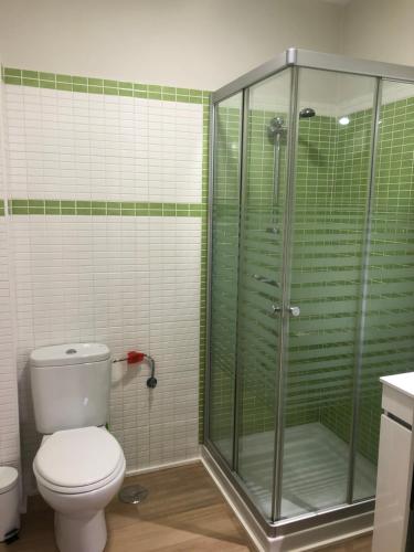 a bathroom with a toilet and a glass shower at La Capital del Jerte in Plasencia