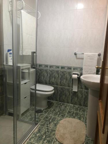 W łazience znajduje się toaleta, umywalka i prysznic. w obiekcie Apartamento El Cine w mieście Cangas de Onís