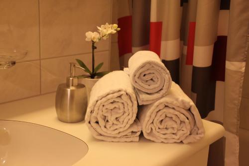 un montón de toallas sentadas en un mostrador en un baño en Moutain View, en Laax