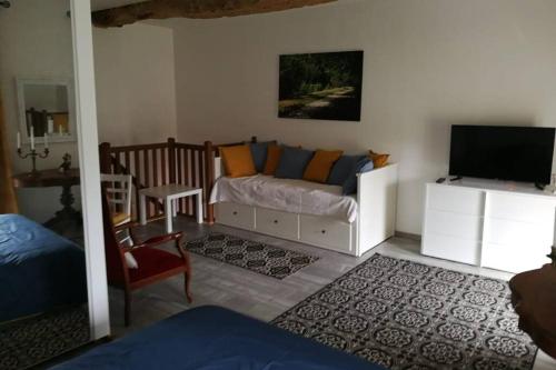 un salon avec un canapé et une télévision dans l'établissement Les écuries du chateau, à Commes