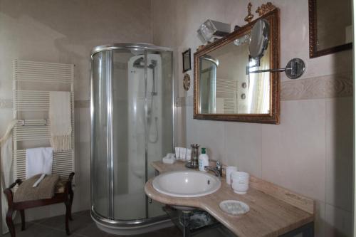 y baño con ducha, lavabo y espejo. en La Villa dei Fiori, en San Rocco a Pilli