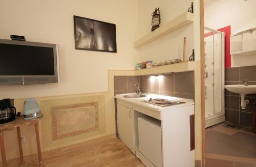 a small kitchen with a sink and a tv on the wall at Guesthouse Lessi in Zagreb