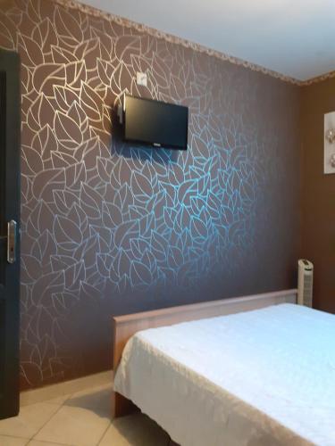 a bedroom with a bed and a wall with a tv at Villa Jasmin in Carpentras
