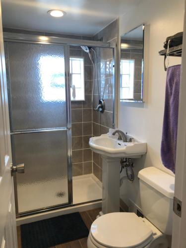 La salle de bains est pourvue d'une douche, de toilettes et d'un lavabo. dans l'établissement Hyde Park Modern Private Room - Near Univ of Chicago, à Chicago