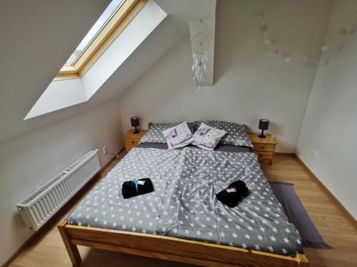 1 dormitorio con 1 cama con 2 almohadas en Holiday House Novosedly en Novosedly