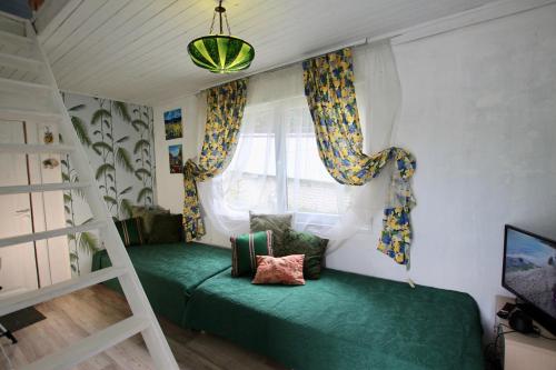 a bedroom with a green bed and a ladder at Smiling house & Baltic beach in Jūrmala
