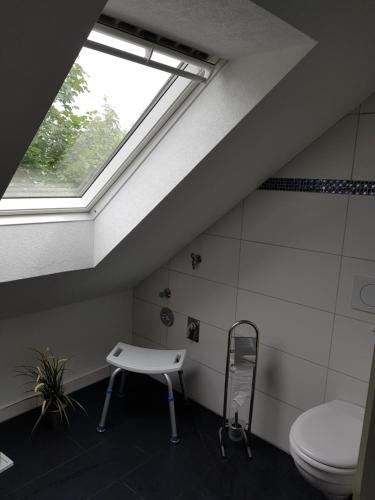 a bathroom with a toilet and a window at Ferienwohnung Am Lindenkrog in Rickert