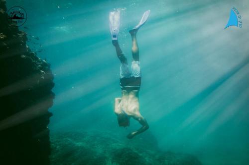 Una persona está nadando en el agua en Penthouse Sunset Balcony by Sea N' Rent, en Nahariyya