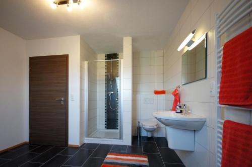 a bathroom with a sink and a toilet and a shower at Ferienhaus Schmied in Bärnau