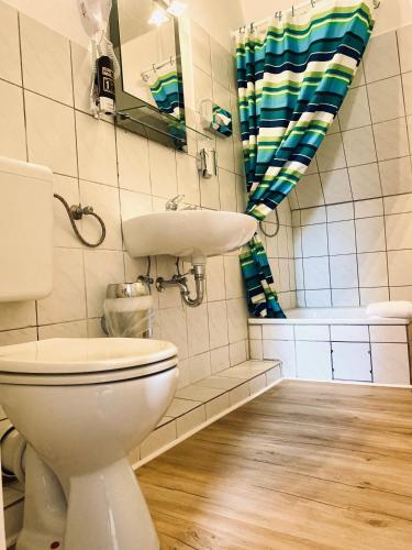 a bathroom with a toilet and a sink and a tub at Hotel Auerhahn in Grevenkrug