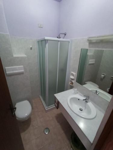 a bathroom with a sink and a shower and a toilet at Hotel Santa Maria Del Bagno in Pesche