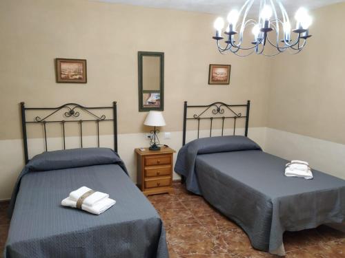 1 dormitorio con 2 camas y lámpara de araña en CASA LOS ANGULOS, en Cazorla