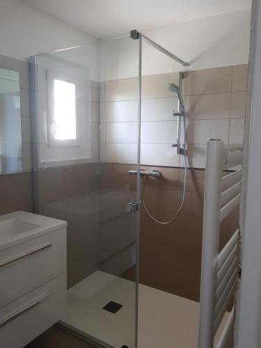 La salle de bains est pourvue d'une douche avec une porte en verre. dans l'établissement Les marines Agay, à Agay