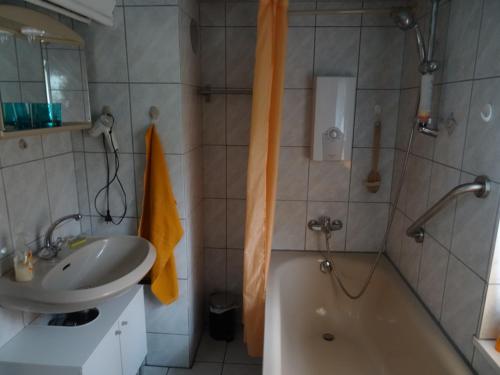 a bathroom with a sink and a tub and a shower at Ferienhaus Johanna in Weischlitz