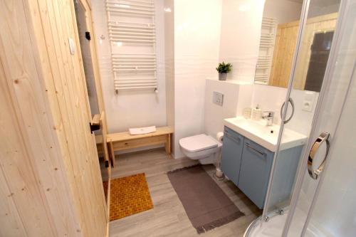 y baño con aseo, lavabo y ducha. en Apartament Włochatka z sauną fińską en Świeradów-Zdrój