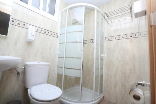 a bathroom with a toilet and a shower at H.PALMONES in Palmones