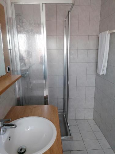 a bathroom with a shower and a sink and a shower at Kirchenwirt Mirth in Eltendorf