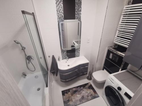 W łazience znajduje się umywalka, toaleta i lustro. w obiekcie Biała Perła Apartment w Gdańsku