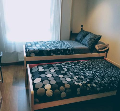 deux lits assis dans une pièce avec une fenêtre dans l'établissement Bermeo y Urdaibai - PARKING-Ascensor - WIFi - tranquilo, à Bermeo