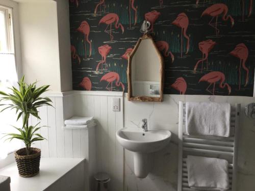 a bathroom with a sink and a pink flamingos wallpaper at The Burrows Bed and Breakfast in Pembroke