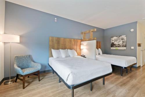 two beds in a room with a blue wall at Extended Stay America Premier Suites - Austin - Austin Airport in Austin