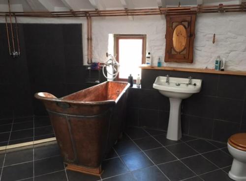 La salle de bains est pourvue d'une grande baignoire rouillée et d'un lavabo. dans l'établissement Montrose Watertower, à Montrose