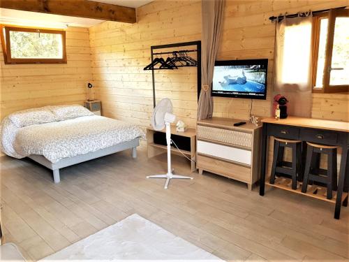 een slaapkamer met een bed en een bureau met een televisie bij Cabane dans les arbres "La Kaz aux Cigales" in Cuers