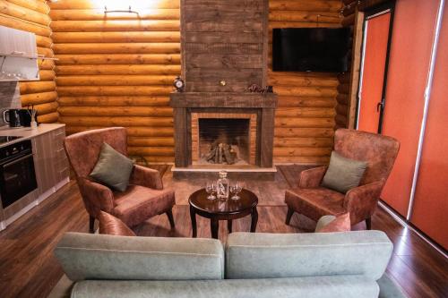 a living room with a fireplace and a couch and chairs at Chateau Village Dilijan in Dilijan