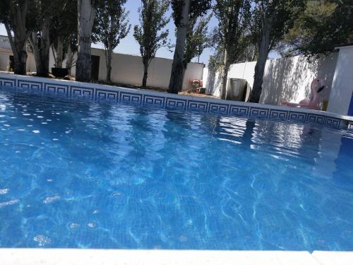 a large blue swimming pool with trees in the background at Las Banderas in Villafranca de los Caballeros