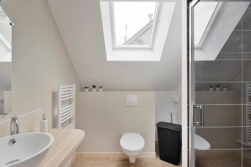 een badkamer met een wastafel en een toilet bij Le Cotissois in Lanvallay
