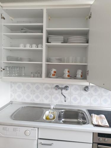 - une cuisine avec un évier et une étagère avec de la vaisselle dans l'établissement Ferienwohnung- Helena, à Schwerte