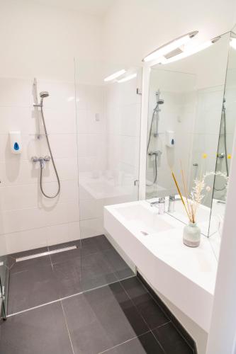 a bathroom with a sink and a mirror at Mint@Naschmarkt Premium Apartments in Vienna