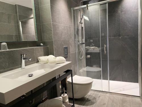 a bathroom with a shower and a toilet and a sink at Au Soleil, Hôtel Restaurant & Spa in Valff