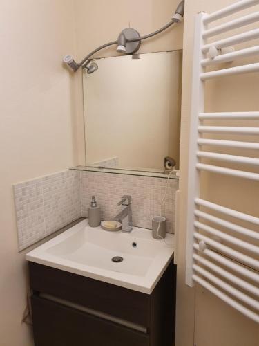 une salle de bain avec un lavabo et un miroir dans l'établissement Les Petites Fontaines au cœur de la Doutre, à Angers