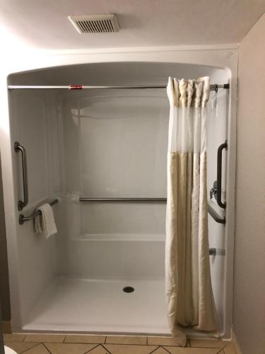 y baño con ducha y cortina de ducha. en Red Carpet Inn Washington DC, en Washington