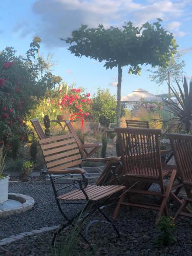 a group of chairs sitting in a garden at Auberge L'Art in Erfurt