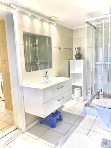 a white bathroom with a sink and a shower at Villa Edvin - Slow living in Eide