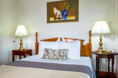 a hotel room with a bed with two lamps at Hotel de la Monnaie in New Orleans