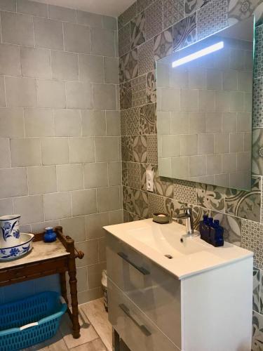 une salle de bain avec un lavabo et un miroir dans l'établissement L îlot Grec, à Saint-Palais-sur-Mer