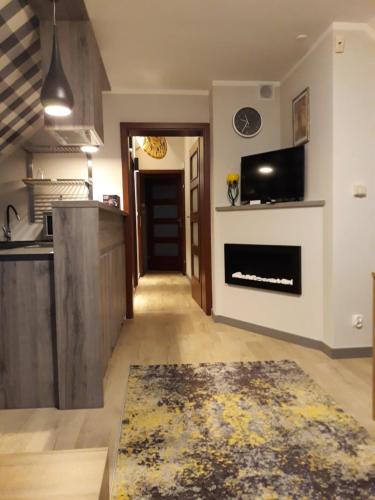 a kitchen with a living room with a fireplace at Apartament Leśna in Giżycko